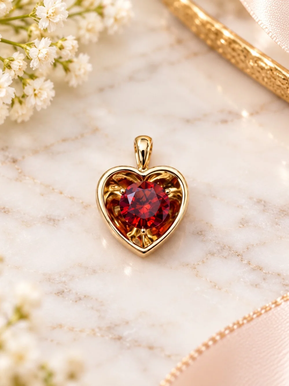 14k. Laminated Gold Heart Pendant Necklace with Red Gemstone